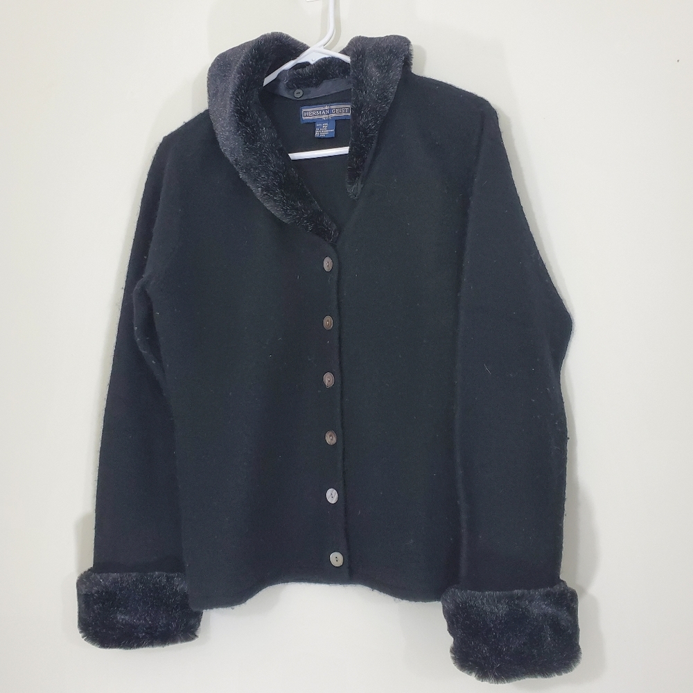Herman Geist 100% Wool Sweater with faux fur neck and risks, Size PM